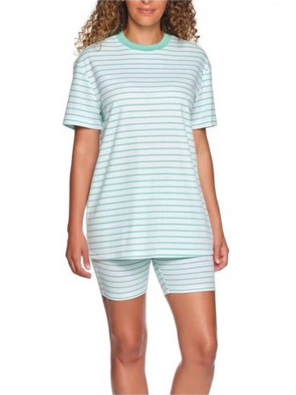 LOFT 2 Piece Bike Short Pajama Set Green Striped Ribbed Jersey Knit Lounge Wear